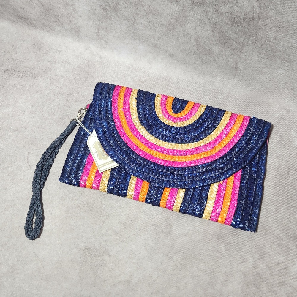 Mud Pie Striped Straw Clutch Navy Pink Orange Woven Wristletโ Bag Raffia NEW